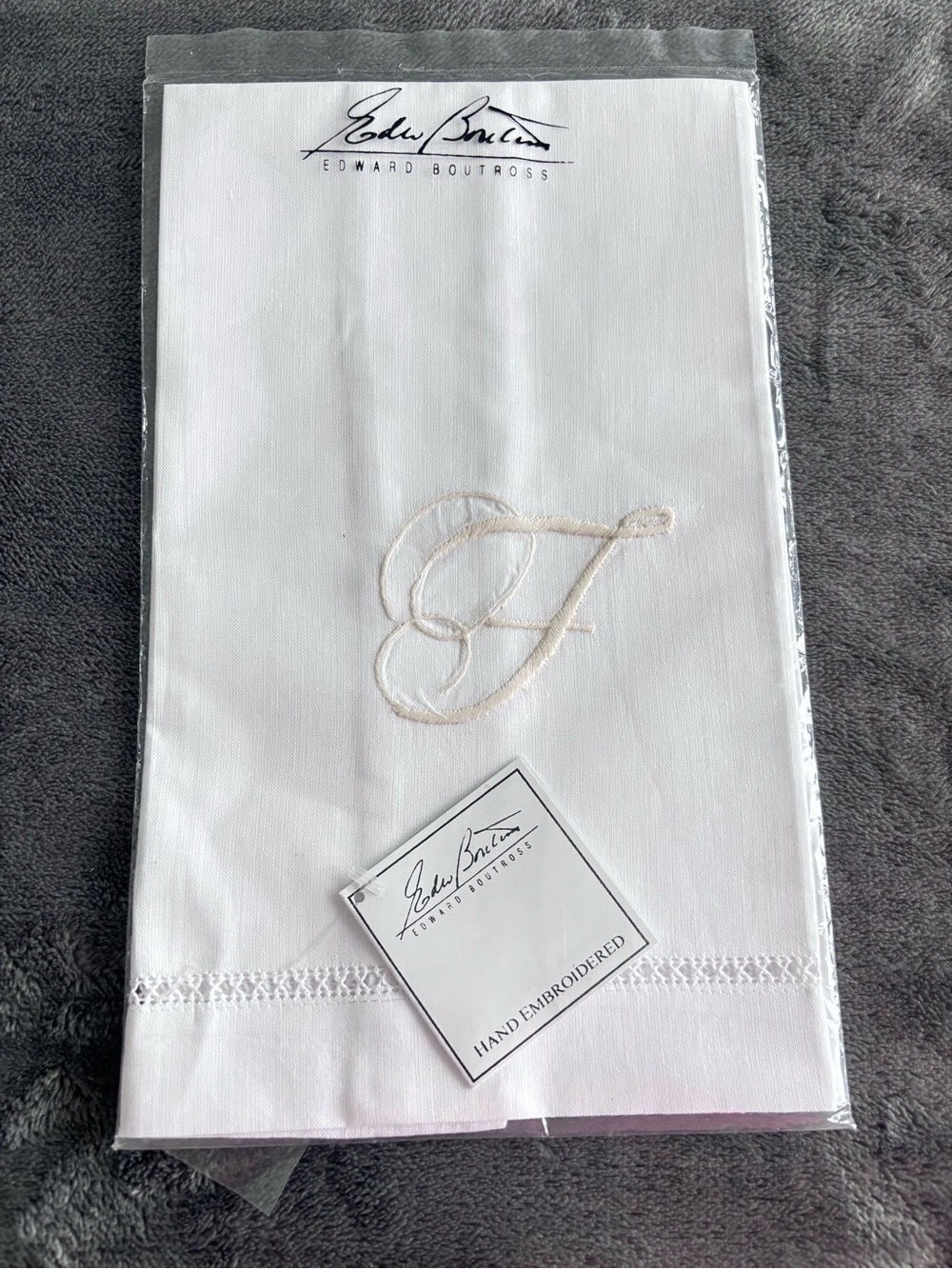 Edward Boutross Guest Linen Towel w/Pique and Hemstitch - White - Letter “F”